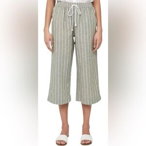 BeachLunchLounge Linen Blend Wide Leg Margot Cropped Pants- Olive White Striped